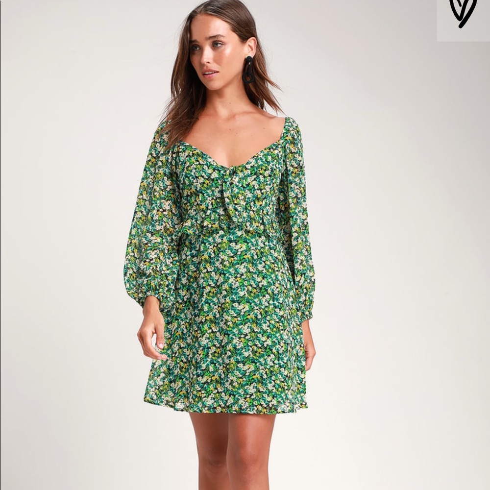Forsythia Green Floral Print Long Sleeve Dress